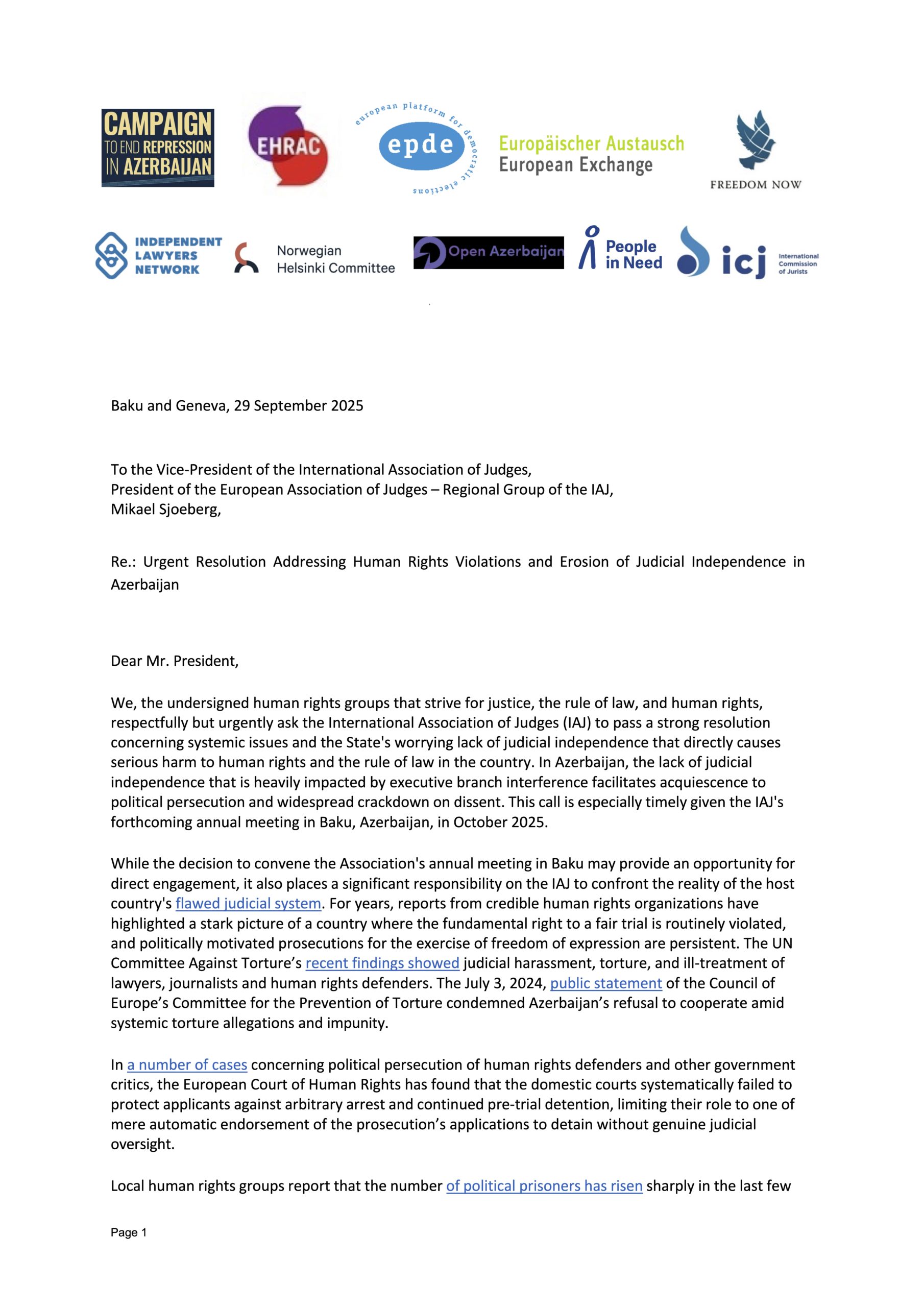 Human rights groups urge International Association of Judges to act on Azerbaijan
